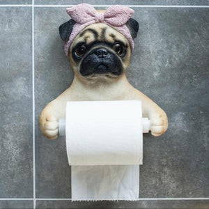 Image of a she pug toilet roll holder wearing bowtie headscarf