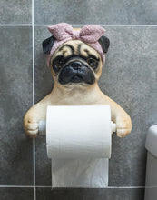 Load image into Gallery viewer, Image of a she pug toilet paper holder wearing bowtie headscarf