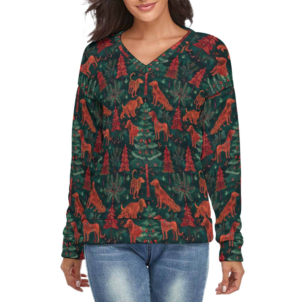 Holiday Hounds Irish Setter's Women's V-Neck Christmas Sweater-Apparel-Apparel,Christmas,Dog Mom Gifts,Irish Setter,Sweater,Sweatshirt-S-White6-1
