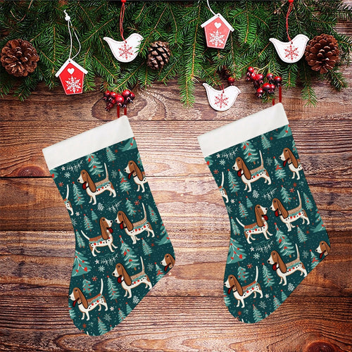 Holly Jolly Basset Hounds Christmas Stocking-Christmas Ornament-Basset Hound, Christmas, Home Decor-26X42CM-White1-2