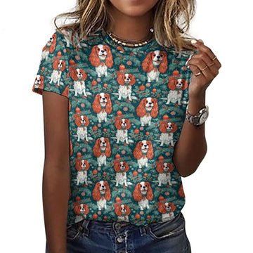 Holly Jolly Blenheim Cavaliers Christmas Women's Cotton T-Shirt-Apparel-Apparel, Cavalier King Charles Spaniel, Christmas, Dog Mom Gifts, T Shirt-2XS-White9-1