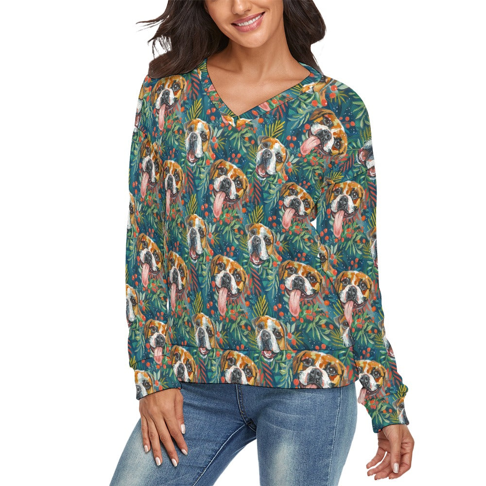 Holly Jolly Boxer Love Womens V Neck Christmas Sweater 2