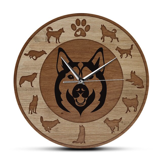 Husky Love Wooden Texture Wall Clock-Home Decor-Dogs, Home Decor, Siberian Husky, Wall Clock-No Frame-1