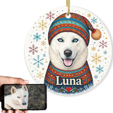 Load image into Gallery viewer, Husky Ornament - Christmas Folk Art Design - Personalize with Photo and Name