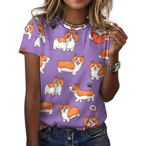 I Heart Corgis Love All Over Print Women's Cotton T-Shirt - 4 Colors-Apparel-Apparel, Corgi, Shirt, T Shirt-Purple-2XS-2