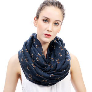 Image of a lady wearing Beagle scarf in Navy Blue color