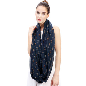 Image of a lady wearing navy blue color Beagle scarf in infinite Beagle design