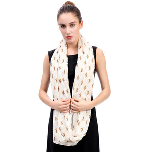 Image of a lady wearing beige color Beagle scarf in infinite Beagle design