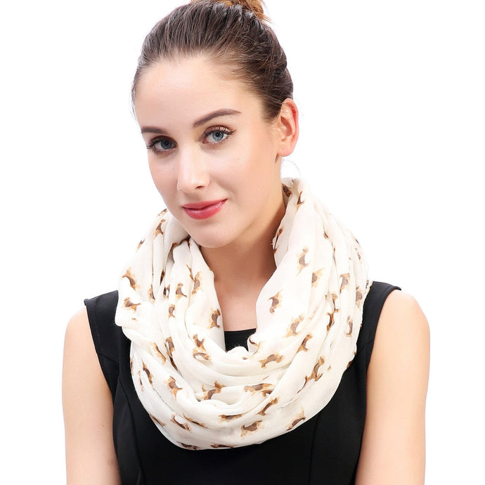 Image of a lady wearing Beagle scarf in Beige color