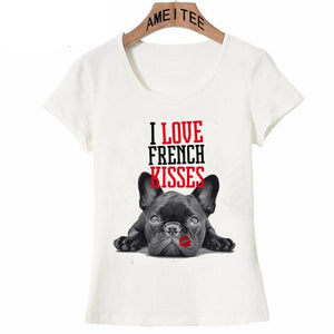 Image of a black french bulldog t-shirt in a red lipstick Frenchie kiss, and 'I Love French Kisses' text design