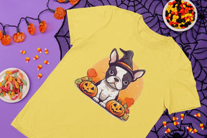 I Love Boston Terriers and Halloween Women's Cotton T-Shirts-Apparel-Apparel, Boston Terrier, Shirt, T Shirt-Yellow-Small-2