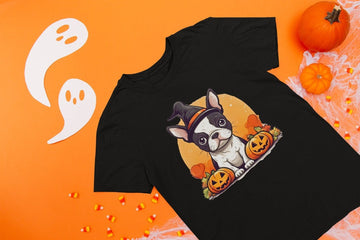 I Love Boston Terriers and Halloween Women's Cotton T-Shirts-Apparel-Apparel, Boston Terrier, Shirt, T Shirt-Black-Small-3
