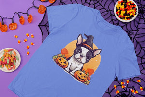 I Love Boston Terriers and Halloween Women's Cotton T-Shirts-Apparel-Apparel, Boston Terrier, Shirt, T Shirt-Blue-Small-4