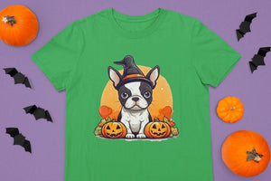 I Love Boston Terriers and Halloween Women's Cotton T-Shirts-Apparel-Apparel, Boston Terrier, Shirt, T Shirt-Green-Small-5