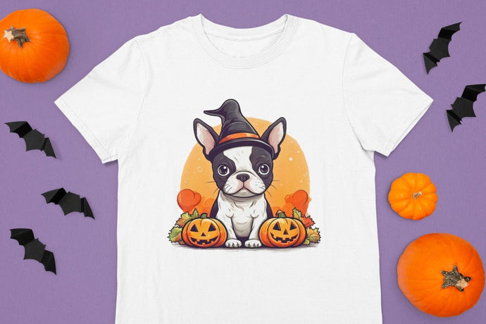 I Love Boston Terriers and Halloween Women's Cotton T-Shirts-Apparel-Apparel, Boston Terrier, Shirt, T Shirt-White-Small-1