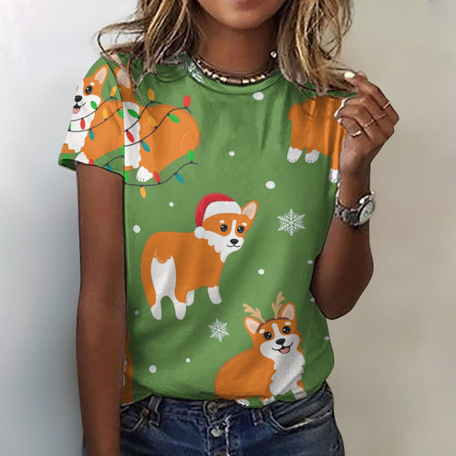 I Love Corgis and Christmas All Over Print Women's Cotton T-Shirt - 4 Colors-Apparel-Apparel, Christmas, Corgi, Shirt, T Shirt-Green-2XS-1