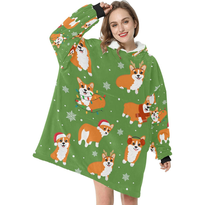 I Love Corgis and Christmas Blanket Hoodie for Women - 4 Colors-Blanket-Apparel, Blankets, Corgi, Hoodie-Green-1