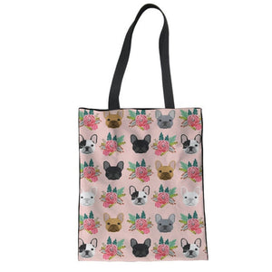 I Love Frenchies Canvas Tote Handbags-Accessories-Accessories, Bags, Dogs, French Bulldog-French Bulldogs - Floral-L-2