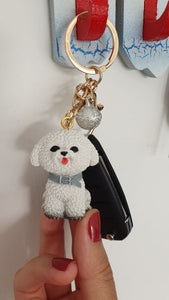 Image of a lady holding a bichon frise keychain