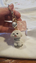 Load image into Gallery viewer, Image of a lady holding a white bichon frise keychain