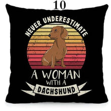 Load image into Gallery viewer, I Love My Dachshund Throw Pillows - 16 Designs-Cushion Cover-Dachshund, Home Decor, Pillows-Small-10 - Never Underestimate a Woman with a Dachshund - Bright Background-11