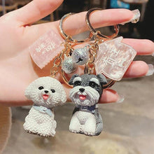 Load image into Gallery viewer, Image of two super-cute Bichon Frise and Schnauzer keychains in 3D designs