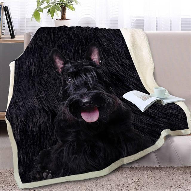 An image of a beautiful black Schnauzer blanket with smiling Schnauzer design