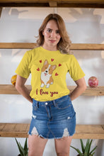 Load image into Gallery viewer, I Love You Corgi Women&#39;s Cotton T-Shirts-Apparel-Apparel, Corgi, Shirt, T Shirt-Corgi with Hearts-Yellow-Small-3