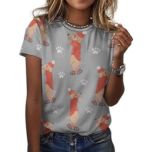 Ice Skating Red Dachshunds Love All Over Print Women's Cotton T-Shirt - 4 Colors-Apparel-Apparel, Dachshund, Shirt, T Shirt-16