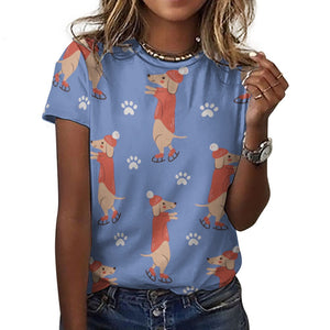 Ice Skating Red Dachshunds Love All Over Print Women's Cotton T-Shirt - 4 Colors-Apparel-Apparel, Dachshund, Shirt, T Shirt-17