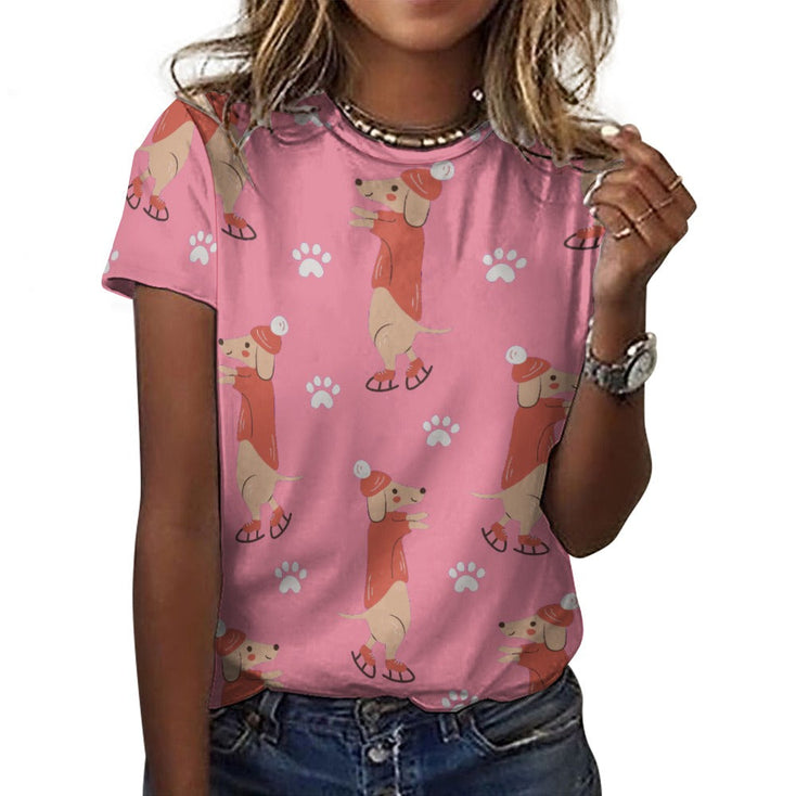 Ice Skating Red Dachshunds Love All Over Print Women's Cotton T-Shirt - 4 Colors-Apparel-Apparel, Dachshund, Shirt, T Shirt-18