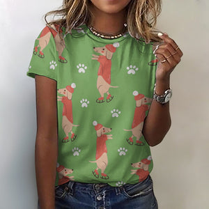 Ice Skating Red Dachshunds Love All Over Print Women's Cotton T-Shirt - 4 Colors-Apparel-Apparel, Dachshund, Shirt, T Shirt-Green-2XS-3