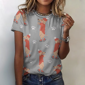 Ice Skating Red Dachshunds Love All Over Print Women's Cotton T-Shirt - 4 Colors-Apparel-Apparel, Dachshund, Shirt, T Shirt-Gray-2XS-4