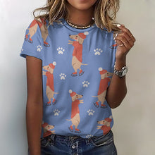 Load image into Gallery viewer, Ice Skating Red Dachshunds Love All Over Print Women&#39;s Cotton T-Shirt - 4 Colors-Apparel-Apparel, Dachshund, Shirt, T Shirt-Blue-2XS-1