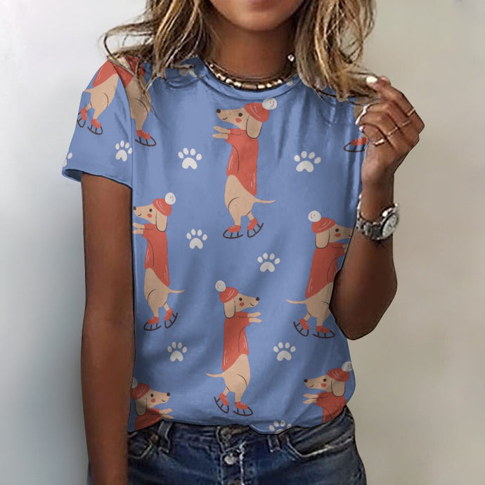 Ice Skating Red Dachshunds Love All Over Print Women's Cotton T-Shirt - 4 Colors-Apparel-Apparel, Dachshund, Shirt, T Shirt-Blue-2XS-1