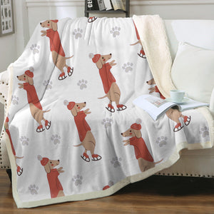 Ice Skating Red Dachshunds Love Soft Warm Fleece Blanket - 4 Colors-Blanket-Blankets, Dachshund, Home Decor-Ivory-Small-2