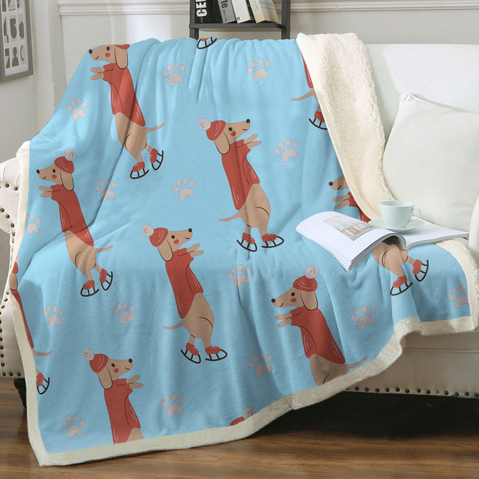 Ice Skating Red Dachshunds Love Soft Warm Fleece Blanket - 4 Colors-Blanket-Blankets, Dachshund, Home Decor-Sky Blue-Small-1