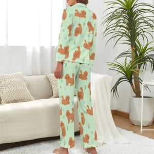 image of a woman wearing a green pajamas set - doodle pajamas set for women - back view