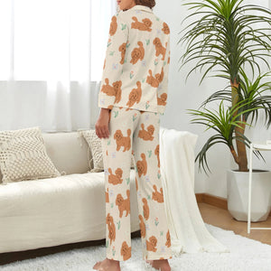 image of a woman wearing a beige pajamas set - doodle pajamas set for women - back view