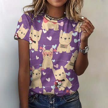 Infinite Fawn French Bulldog Love All Over Print Women's Cotton T-Shirt - 4 Colors-Apparel-Apparel, French Bulldog, Shirt, T Shirt-Purple-2XS-3