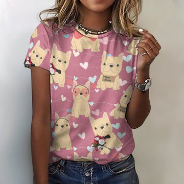 Infinite Fawn French Bulldog Love All Over Print Women's Cotton T-Shirt - 4 Colors-Apparel-Apparel, French Bulldog, Shirt, T Shirt-Pink-2XS-1