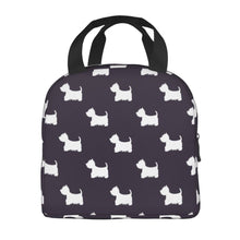 Load image into Gallery viewer, Image of an insulated West Highland Terrier bag in black and white color and in infinite West Highland Terrier design