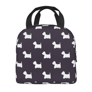 Image of an insulated West Highland Terrier bag in black and white color and in infinite West Highland Terrier design