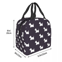 Load image into Gallery viewer, Image of the size of an insulated West Highland Terrier bag in black and white color and in infinite West Highland Terrier design