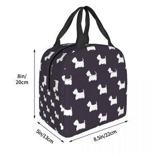 Image of the size of an insulated West Highland Terrier bag in black and white color and in infinite West Highland Terrier design