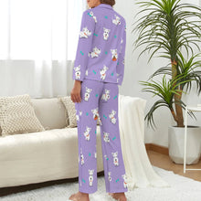 Load image into Gallery viewer, image of a woman wearing a lavender pajamas set for women with paws design - west highland terrier pajamas set for women - back view