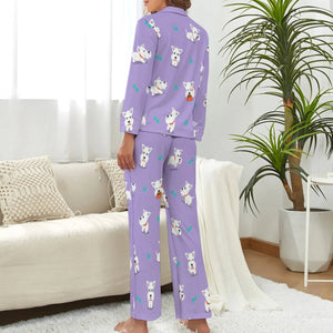 image of a woman wearing a lavender pajamas set for women with paws design - west highland terrier pajamas set for women - back view