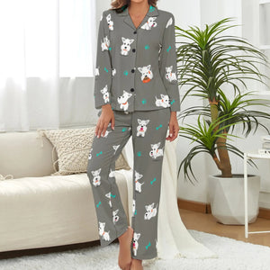 image of a woman wearing a grey pajamas set for women with paws design - west highland terrier pajamas set for women