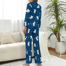 Load image into Gallery viewer, image of a woman wearing a dark blue pajamas set for women with paws design - west highland terrier pajamas set for women - back view