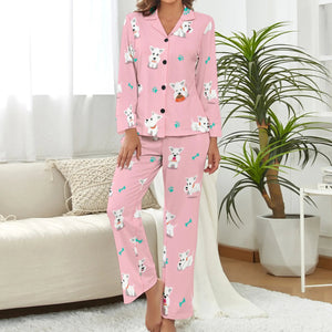 image of a woman wearing a pink pajamas set for women with paws design - west highland terrier pajamas set for women